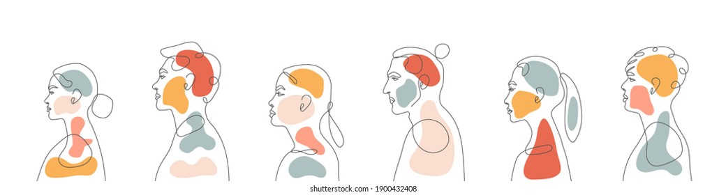 People abstract. Silhouette profile group of men and women. Group of people drawing. Women and men waiting in queue. Minimalistic contour illustration