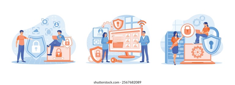 People access security services on electronic devices. Protect and maintain data confidentiality. Woman saving files on server. Cyber ​​security concept. Set flat vector illustration.