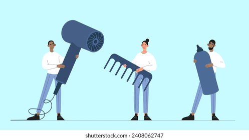 People with accessories for hair set. Men and woman with hairdresser, comb and lotion. Beauty, elegance and aesthetics. Team of barbers. Cartoon flat vector collection isolated on blue background