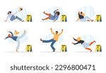 People accidentally fall on wet floor cartoon characters set, flat cartoon vector illustration isolated on white background. Wet slippery floor injury danger.