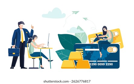 People, accumulation of wealth, gold bars, money on a card for payments. Business presentation. Employees, businessmen discuss finances, contract, development, computer, growth. Vector illustration