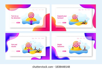 People Achieve Distant Goal Landing Page Template Set. Characters Looking on Target through Binoculars, Floating on Raft, Throw Darts to Remote Aim. Motivation, Challenge. Cartoon Vector Illustration