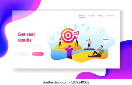 People Achieve Distant Goal Landing Page Template. Characters Looking on Target through Binoculars, Floating on Raft, Throw Darts into Remote Aim. Motivation, Challenge. Cartoon Vector Illustration