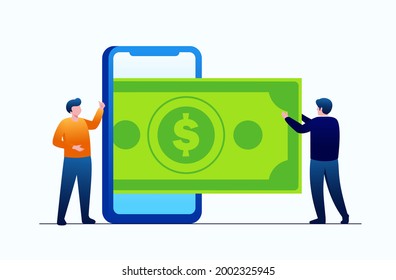 People achieve a money from phone. Online freelance work flat vector illustration 