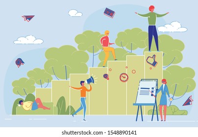 People Achieve Personal Goals in Studies or Business under Coach, Tutor Guidance. Motivation and Support, Professional Development Strategy and Growth Management. Flat Cartoon Vector Illustration.