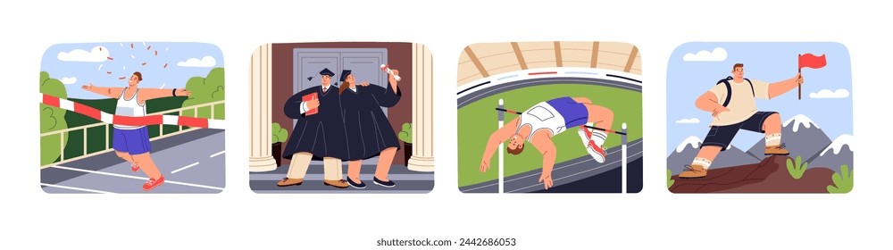 People achieve success set. Workers get challenges win in work, climbing on the top. Athletes cross finish line, celebrate achievements in sport. Students graduate university. Flat vector illustration