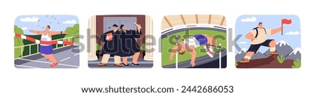 People achieve success set. Workers get challenges win in work, climbing on the top. Athletes cross finish line, celebrate achievements in sport. Students graduate university. Flat vector illustration