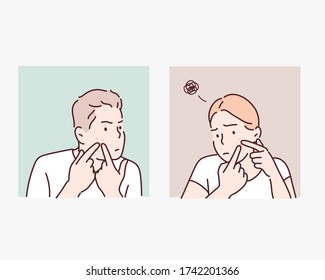 People With Acne And Rash On Face, Skin Problem Concept. Hand Drawn Style Vector Design Illustrations.