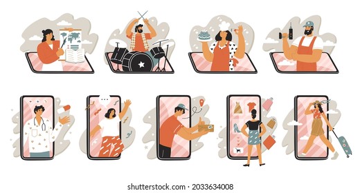 People acting through phone screen. Traveling, chatting, internet medicine, delivery, shopping, cooking, playing music, teaching, working. Mobile online services. Vector illustration in flat style. 
