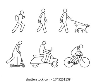 People in action icons, urban life. Walking, running, walking with a dog,  riding scooter, motorcycle, bike 