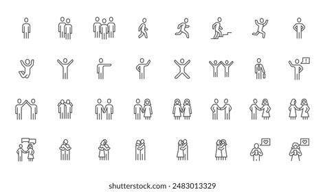 People in action line icon set. Man running, woman friends, communication, partnership, jumping person, cooperation minimal vector illustrations. Simple outline signs for human figure. Editable Stroke