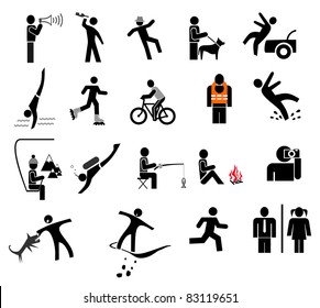 People in action - set of isolated vector icons. Black and white simple pictograms.