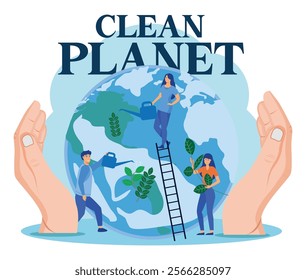 People actively caring for the planet by watering plants on a globe. Promotes environmental awareness, sustainability, and the importance of maintaining a clean and green earth. 