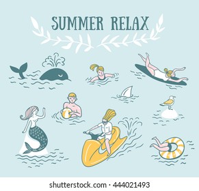 People Actively Relax, Swim in the Sea. Summer Sea Vacation Illustration. Vector Seamless Pattern.
