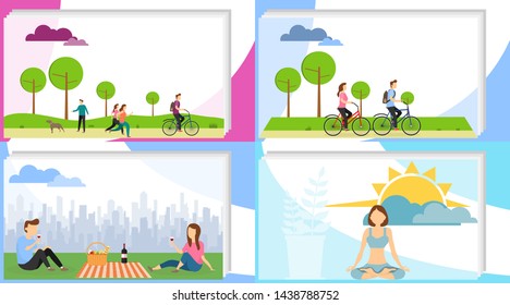 People are actively relaxing. People actively spend time in the park, relax, have a picnic, meditate. Vector illustration of the concept of outdoor activities.