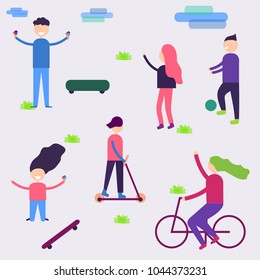 People actively spend their time. They ride a bike and skate, eat ice cream, jump, play with a ball. Walk in the park. Active rest .Vector illustration