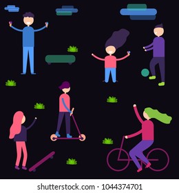 People actively spend their time. They ride a bike and skate, eat ice cream, jump, play with a ball. Walk in the park. Leisure. Black background . Vector illustration