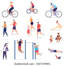 People Are Actively Spending Time. Playing Sports In The Park, Jogging, Cycling, Sports Grounds. Colorful Vector Illustration In Flat Cartoon Style.