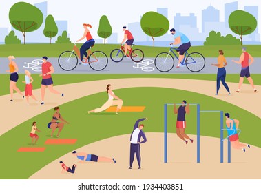 People Are Actively Spending Time. Playing Sports In The Park, Jogging, Cycling, Sports Grounds. Colorful Vector Illustration In Flat Cartoon Style.