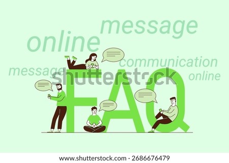 People actively using online platforms to communicate and exchange messages. Various characters interacting with devices, illustrating importance of digital communication today