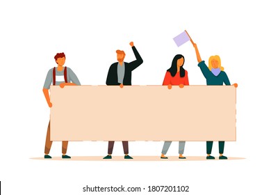 People activist. Man and woman group holding big blank protest banner manifestation together. Vector activist with placard politic parade demonstration. Personalization rights protection illustration