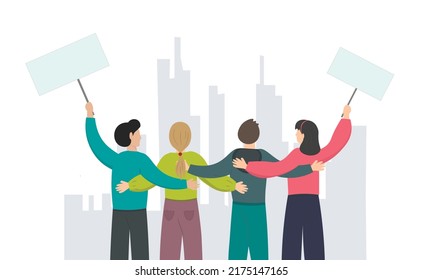 People, activists holding banners, political strike, manifestation, human rights movements, crowd of people, flat vector illustration