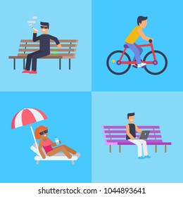 People activities at amusement park, person sitting on bench and smoking, person riding bicycle and woman lying under umbrella vector illustration