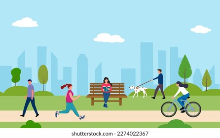 People activities in city public park in flat design.