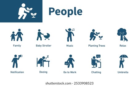 Icono de actividades de Personas. Colección de íconos sobre personas que van a trabajar, plantar árboles, escuchar música, familia. Iconos sólidos del vector.