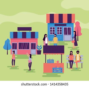 people activities outdoors city building market street vector illustration