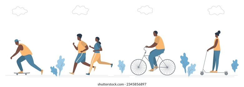 People activities in park. Black men and black women run, ride a bicycle, on electric scooter and on a skateboard. There is also plants and clouds in the picture. Healthy lifestyle concept. Vector