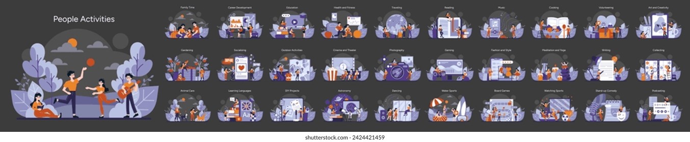 People Activities set. A diverse collection captures individuals and families immersed in hobbies and tasks from gardening to podcasting, enhancing everyday life. Vector illustration