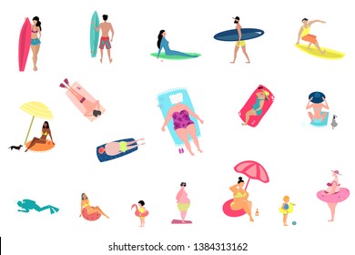 People activities at summer beach set isolated on white background.