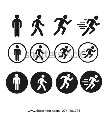 People activity icon set walking running human pictogram silhouette and circle icons isolated on white background