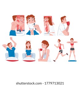 People Activity Morning Daily Routine Set, Men and Women Waking up, Brushing Teeth, Doing Morning Workout, Drinking Coffee Cartoon Style Vector Illustration