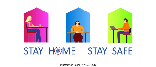 Actividad de la gente en sus ventanas. Stay Home Stay Safe, Social Distancing Concept, Covid-19, coronavirus. Ilustración del vector 