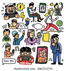 
people activity phone cartoon doodle set color 