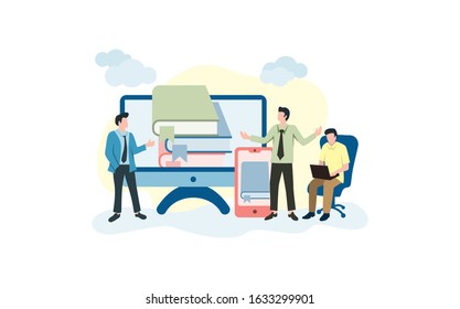 People activity related to online learning, distance learning or online course. People Illustration with computer, smartphone and book