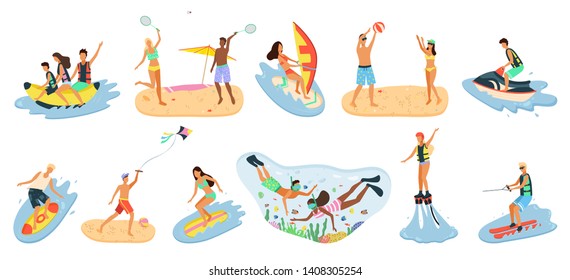 People activity relaxing by coastline vector, man and woman staying on beach, banana boat riding and playing tennis and volleyball, scuba diving snorkelling. Beach activities water sport