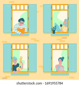 People activity in their home with open window, stay at home in pastel color cartoon 