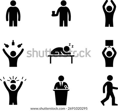 People activity vector icons depicting various human actions, including speaking, sleeping, celebrating, and carrying objects, all on transparent background