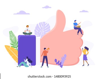 people addict with gadget vector concept illustration, happy woman and men give like comment on Instagram, can use for, landing page, template, ui, web, homepage, poster, banner, flyer, infographic