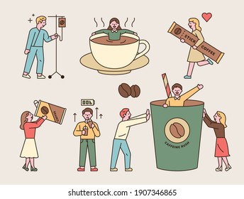 People addicted to coffee caffeine. Someone who falls into a cup, a person is hit by Ringer, a person drinks with a large can, someone pops out of a cup, someone carries a stick coffee