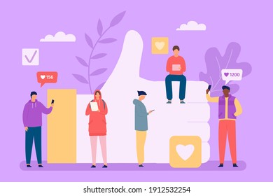 People addicted to like. Group of characters checking social media in phones and gadgets. Addiction to internet and feedback vector concept. Thumb up for approval. Network users with devices