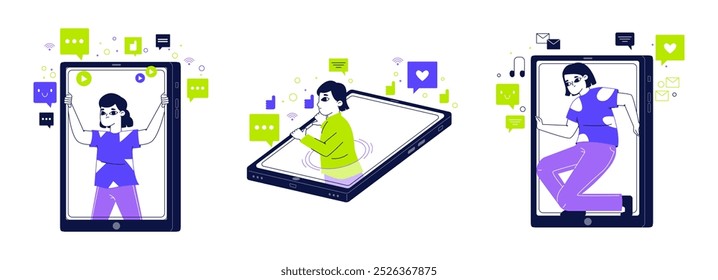 Personas adictas al smartphone. Niñas ahogándose en la pantalla del teléfono móvil, gadgets, teléfono inteligente o tableta de la adicción lineal de Ilustración vectorial plana. Concepto de adicción a las redes sociales colección