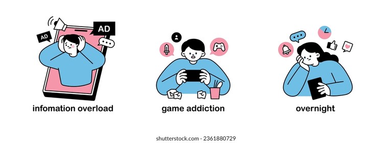 People addicted to smartphones and social media. social issues. information overload, game addiction, overnight. outline simple vector illustration.