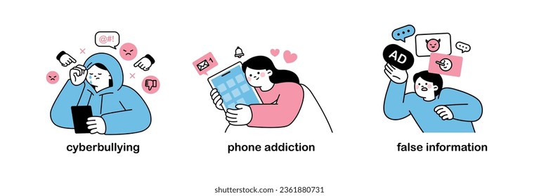 People addicted to smartphones and social media. social issues. cyberbullying, phone addiction, false information. outline simple vector illustration.