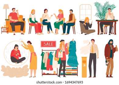 People with addiction and bad habits, set of cartoon characters isolated on white, vector illustration. Men and women addicted to alcohol, smoking, drugs, shopping problem and eating disorder