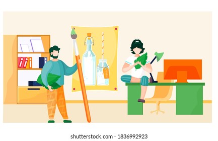 People adhere to a healthy lifestyle and proper nutrition. Man stands with a brush with paint. Girl with leaf in her hands meditates on the table. Healthy lifestyle and vegetarianism. Plant-based milk