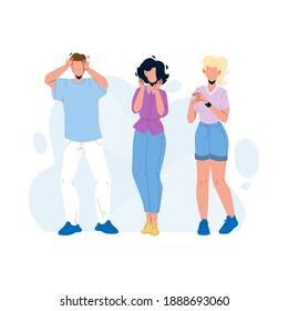 People With Admiration Emotion Screaming Vector. Young Man And Women Scream In Surprise And Gesture Admiration Together. Delighted Expression Characters Boy And Girls Flat Cartoon Illustration